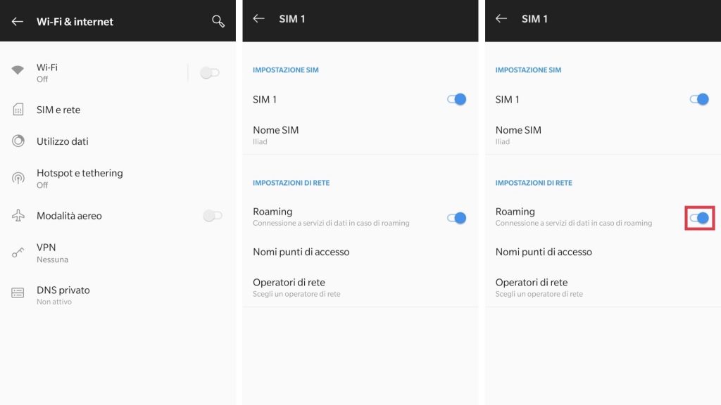 android disattivare roaming dati