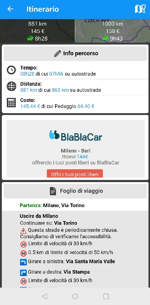 foglio di viaggio viamichelin