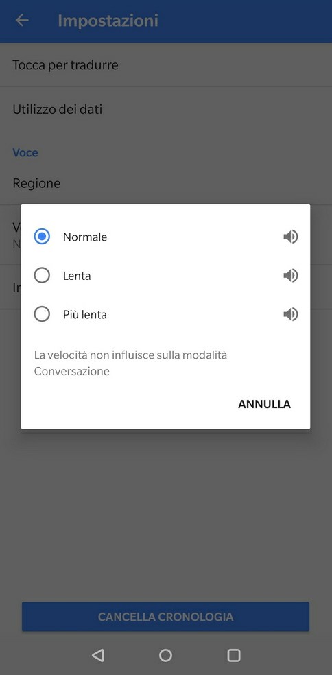 impostazione velocità riproduzione voce