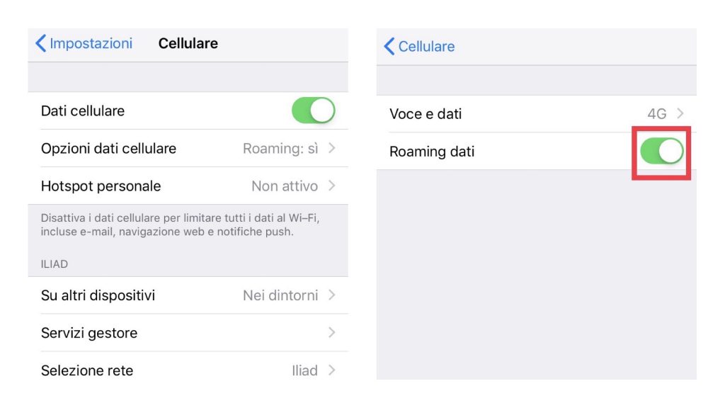 iphone disattivare roaming dati